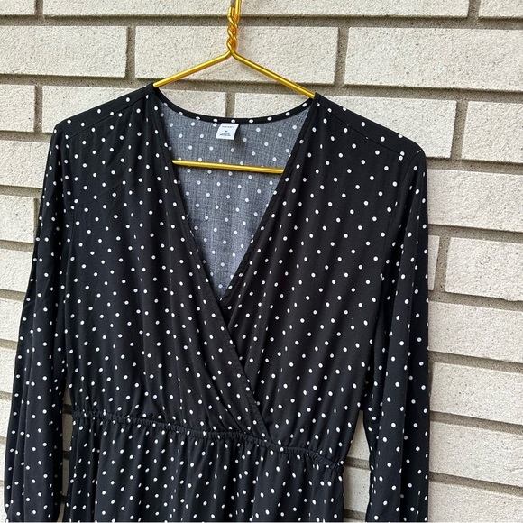 Old Navy Black Polka Dot Waist-Defined Wrap Dress Size M V-Neck Long Sleeve - Picture 3 of 10
